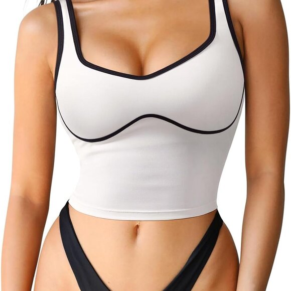White Large Sweetheart Neckline Longline Sports Bra Padded Workout Crop Tank Top - Picture 1 of 6